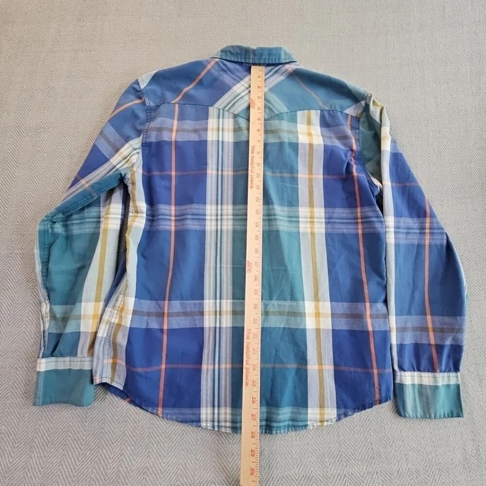 Levi's Western Pearl Snap Shirt Men's Large Green Blue Long‎ Sleeve EUC Cowboy